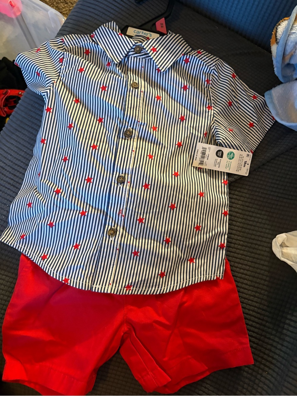 Carter's Navy Striped Shirt with Red Star Print and Red Shorts Set